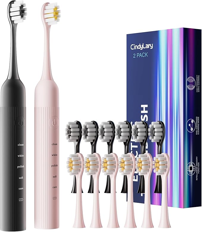 2 Pack Electric Toothbrush Set, Comes with 12 Brush Heads & 2 Electric Toothbrush,5 Modes with 2 Minutes Built in Smart Timer, One Charge for 60 Days, 38000 VPM Motor,Black and Pink.