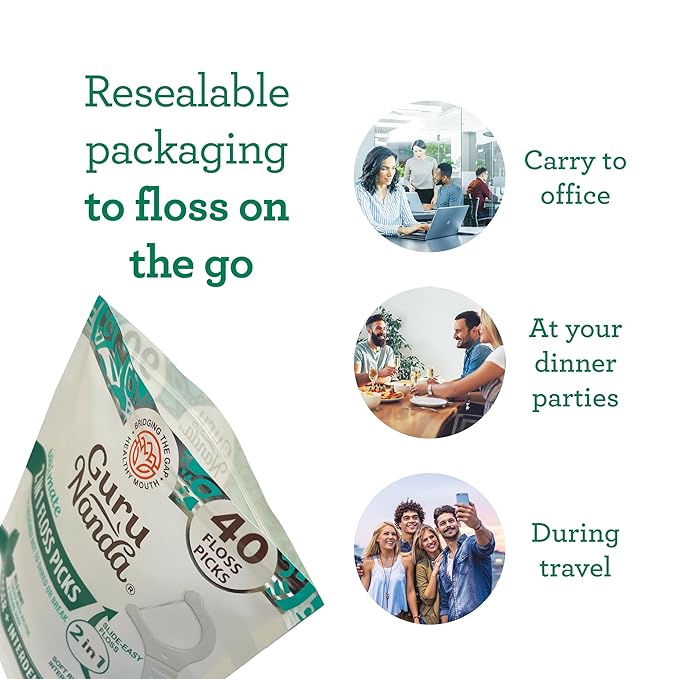 GuruNanda 2 in 1 Dental Floss Picks - Non-Slip Grip Handle, Slide Easy, No Break or Shred Flosser - Complete Oral Care with Interdental Pick for Healthy Teeth & Gums - Mint Flavor, 40 Count (2 Pack)