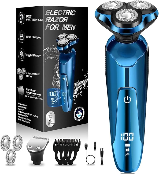 Electric Razor for Men, 3-in-1 Shaver with Floating Blades for Nose Hair &Sideburns,Replacement Blades, Pop-up Trimmer, IPX7 Waterproof, Travel Lock, Wet & Dry Use, Face Shaving Grooming Travel Kit