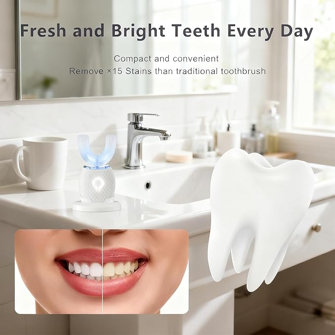 U-Shaped Toothbrush for Adults, All-in-One Foam Mousse & Ultrasonic Clean, Hands-Free with 4 Brush Heads, Blue LED Light, Advanced Charging Base (White)