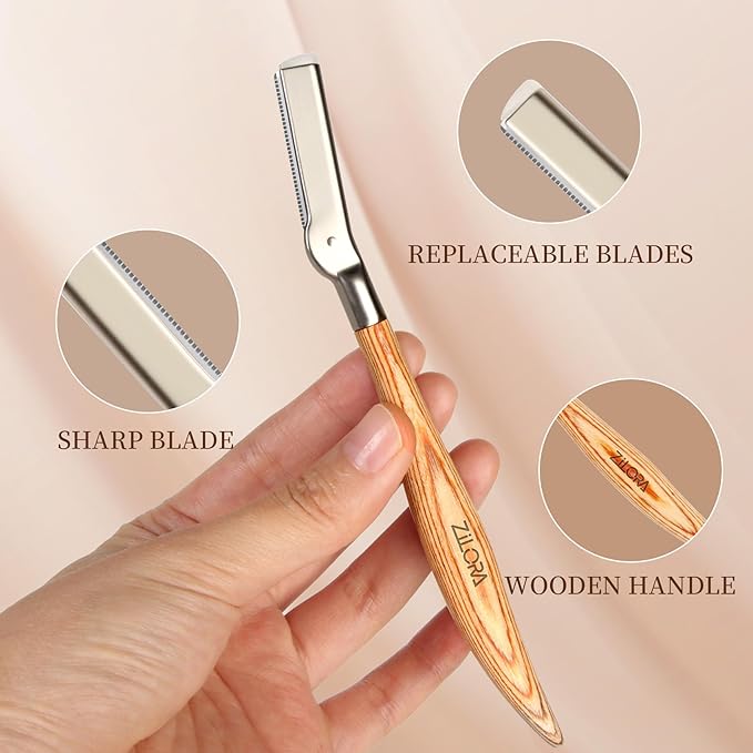 EyeBrow Razor with Safety Mesh Guard – Wooden Handle Eyebrow Trimmer for Women & Men, Includes 8 Replacement Blades & Leather Pouch for Peach Fuzz, Lip Hair & Brow Shaping