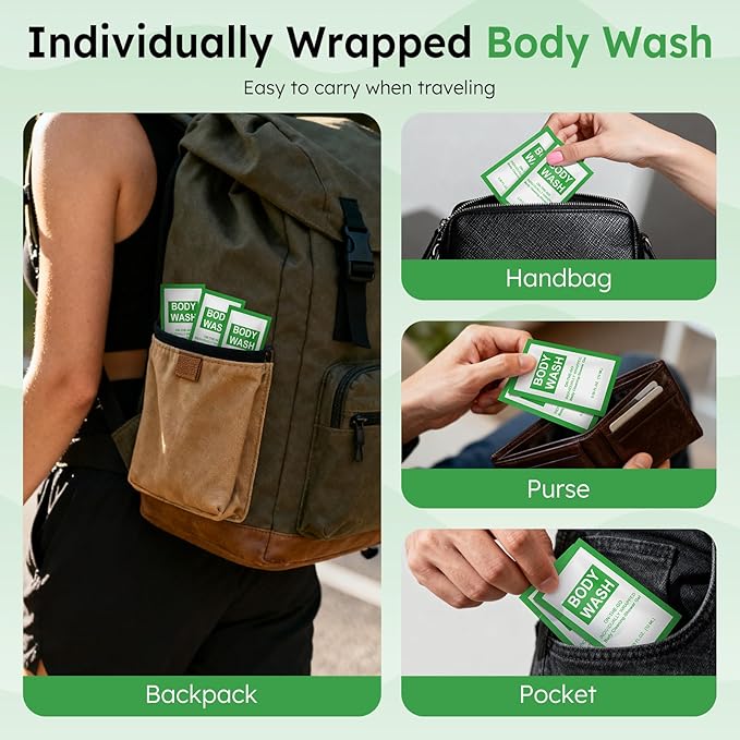 Travel Size Body Wash Packet Bulk Pack of 200,Individually Wrapped 0.35 fl oz(10 ml) Disposable Small Mini Bath Shower Gel Toiletries Supplies for Hotel,Guests,Homeless,Charity,Gym
