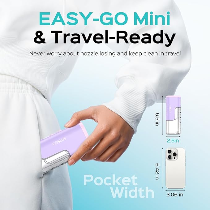 COSLUS T40 Mini Water Flosser for Travel: Portable Compact Design, Cordless Oral Irrigator with 4 Jet Tips, Removable Tank & IPX7 Waterproof for Braces, Sensitive Teeth & On-The-Go Use, Pink Purple