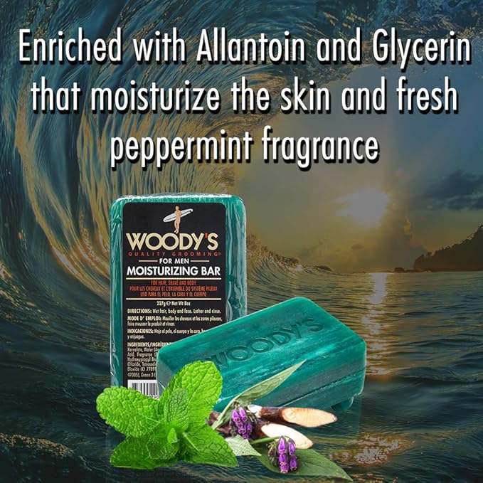 Woody's Moisturizing Bar Soap - Hydrating Body, Face & Shave Bar Soaps, Deep Cleanser, Rich Lather, Fresh Scent, 8 oz, 2 Pack
