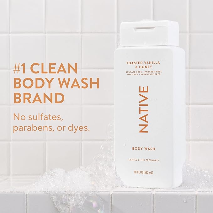 Native Body Wash Contains Naturally Derived Ingredients | For Women & Men, Sulfate, Paraben, & Dye Free Leaving Skin Soft and Hydrated | Toasted Vanilla & Honey 18 oz