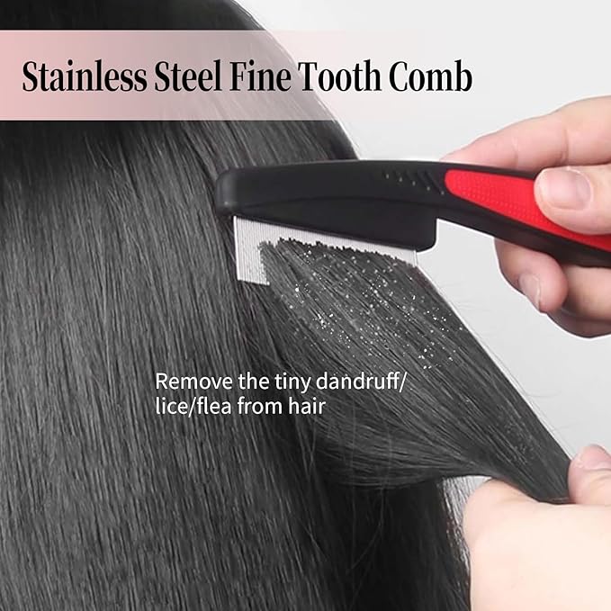Dandruff Comb, Stainless Steel Fine Tooth Lice/Flea/Psoriasis Comb, Scalp Oil Buildup Removal Wide Hollow Tooth Button Hairbrush for Scalp Massage Care for Man Women and Kids (Red)