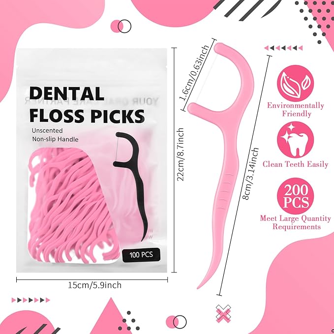 Baderke 200 Count Floss Picks Bulk Non Breakable Tooth Picks Flosser Dental Floss Sticks for Adults Teeth Cleaning Dental Flossers for Family Pack Travel (Pink)