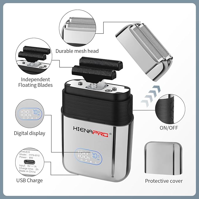 HIENA PRO Reciprocating Electric Foil Shaver for Men, Cordless Professional Bald Head Precision Trimmer & Beard Trimmer, Foil Shaver with LED, Gifts for Men(Silver)