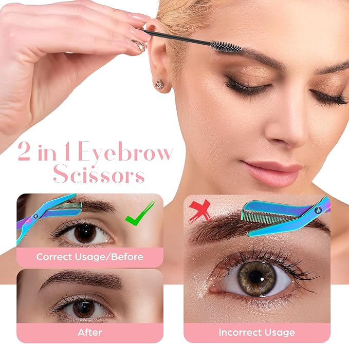 4 Pack Eyebrow Trimming Scissors with Combs, Stainless Steel Eyebrow Trimmers for Women Men Gifts, Brow Trimming Tool Beard Trimmer (Gray,Black,Rainbow,Gold)