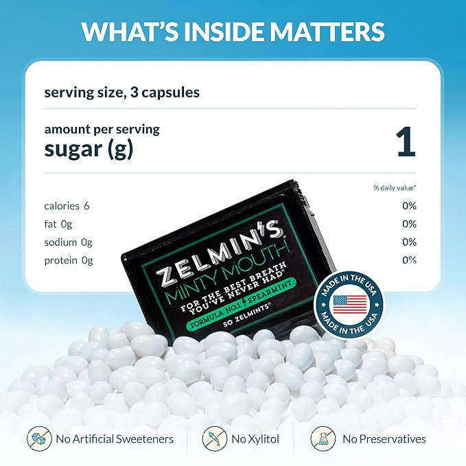Zelmin's Minty Mouth Breath Freshener - (5 Pack) Long Lasting Bad Breath Treatment for Adults, Instant Freshness Helps with Dry Mouth, Natural Breath Mints for Travel, Alcohol-Free, Keto, Gluten-Free