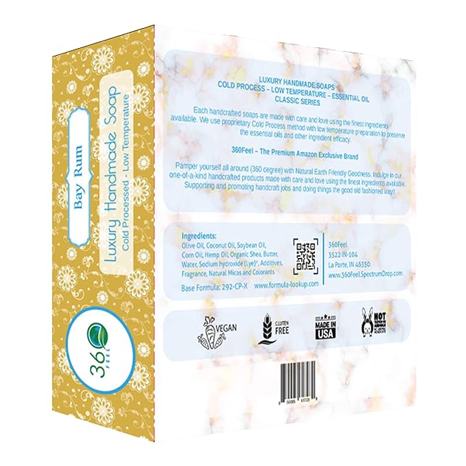 360Feel Bay Rum Bar Soap - Made in the USA - Castile Handmade, All-Natural, Cold-Processed - Bay Rum Essential Oil - Moisturizing with a Spicy Scent - Calm - Rich, Creamy Lather - (5oz)