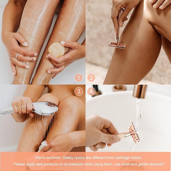 Rose Gold Double Edge Safety Razor, Single Blade Razors for Women, with 10 Platinum Coated Safety Razor Blades, 1 Blade Razors, Anti-slip Handle, Metal Material, Reusable, Eco-friendly, Smooth Shaving