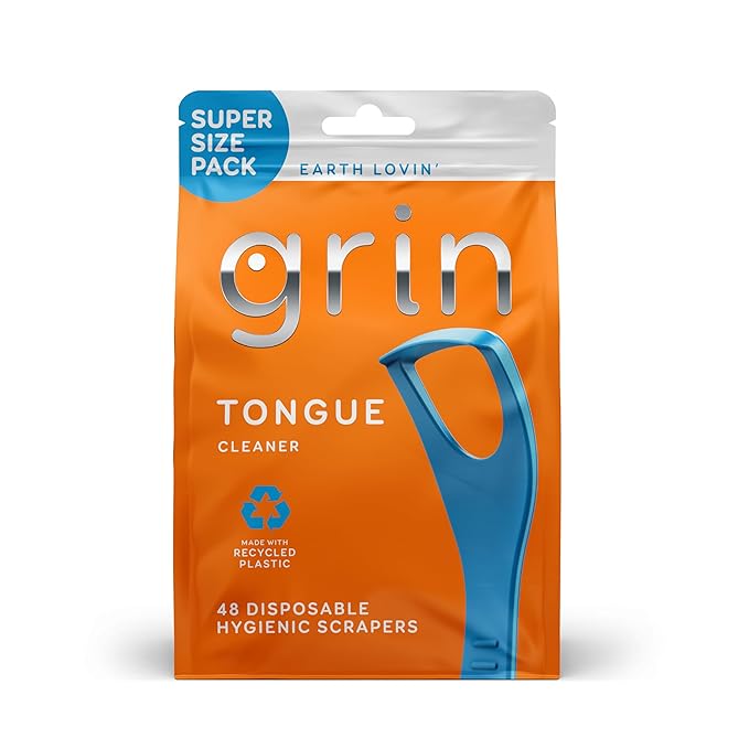 GRIN Tongue Cleaner, 48 Count, Disposable Tongue Cleaner, Hygienic Scraper, Recycled Plastic, Clean Tongue, Promote Fresh Breath, Includes Safe Fold- Back Tooth Pick