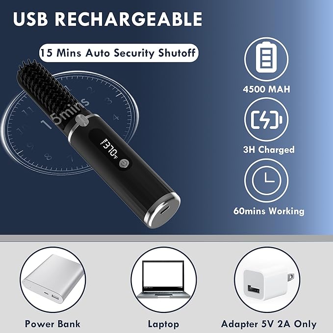 Beard Straightener for Men - Cordless Heated Beard Straightening Comb with LCD, Beard and Hair Straightener Brush Hot Comb, Anti-Scald & Automatic Shut-Off, Portable for Travel