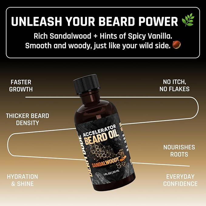 Derm Dude Accelerator Beard Growth Oil for Men | With Castor Oil & Jojoba Oil for Hair Growth | Promotes Thicker Fuller Beard | Hydrate & Soften Facial Hair, Non-Greasy - SandalWoody 1oz