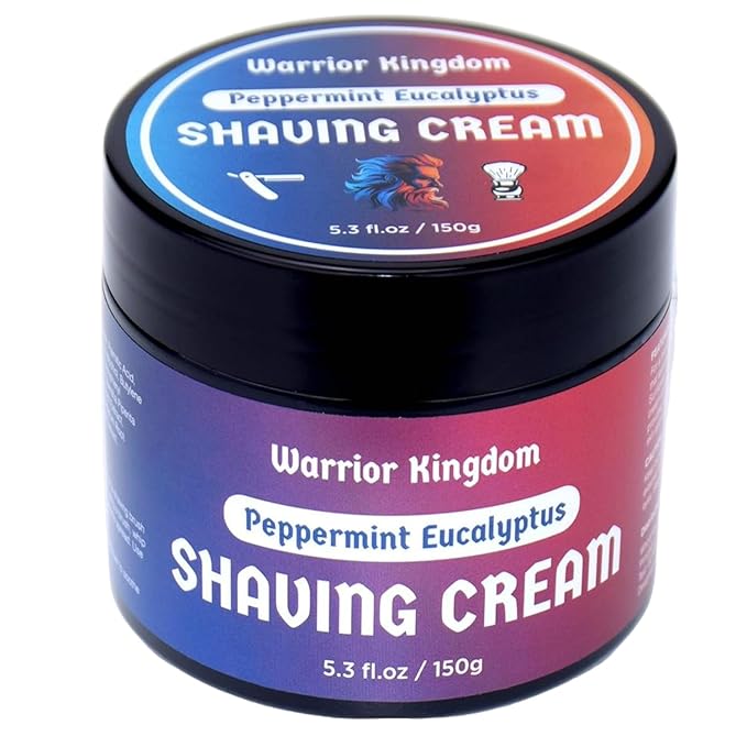 Warrior Kingdom Shaving Cream - Peppermint Eucalyptus. Refreshing Scent. Rich Creamy Lather for the Smoothest Shave. For face, head and body. Gentle, non irritating formula for all skin types.