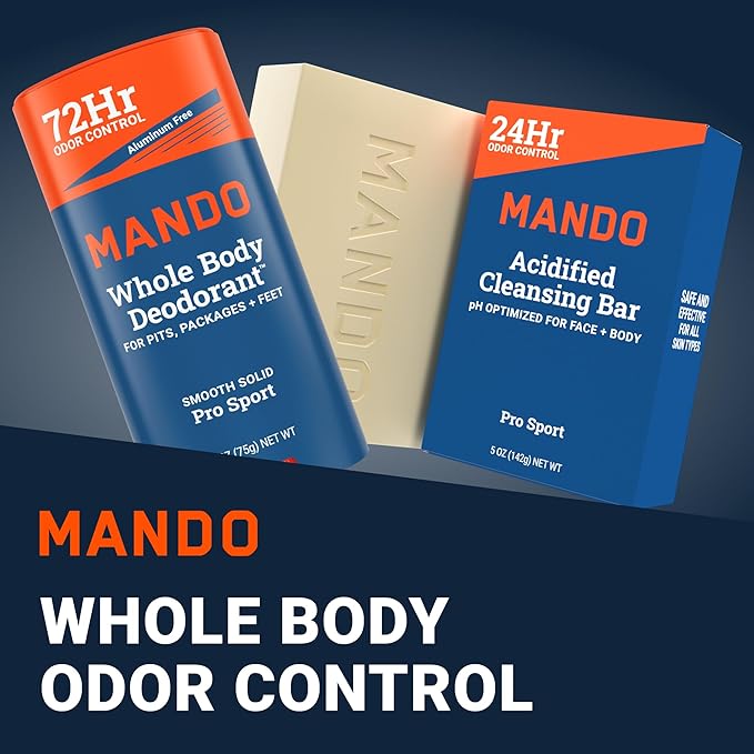 Mando Whole Body Deodorant Two Piece System - 2.6 oz Smooth Solid Stick & 5.0 oz 4 in 1 Acidified Cleansing Bar - Aluminum & Baking Soda Free Odor Control - Doctor Developed - 2 pc Bundle (Pro Sport)