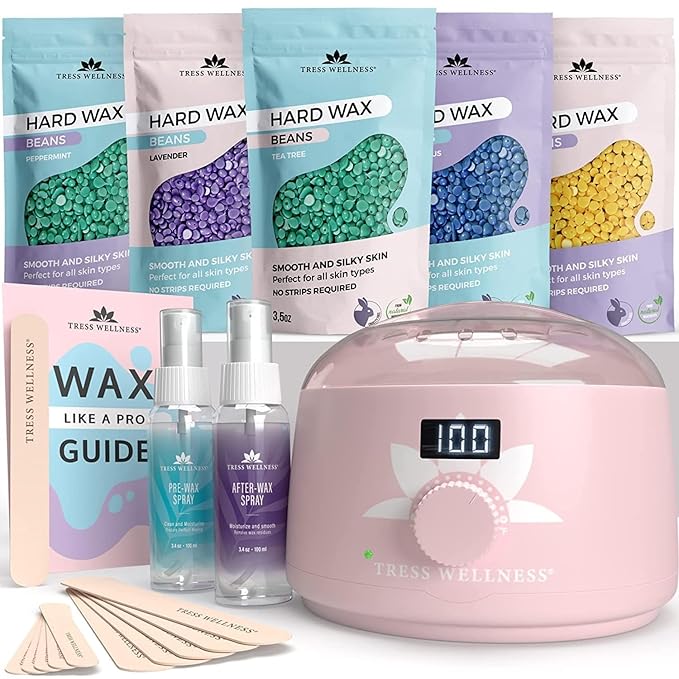 Tress Wellness Waxing Kit for Sensitive Skin – Safe for Face & Skin, Prep & Aftercare Spray, Easy to Use – At-Home Kit for Face, Bikini, Brazilian & Full Body - Digital Display, Pink