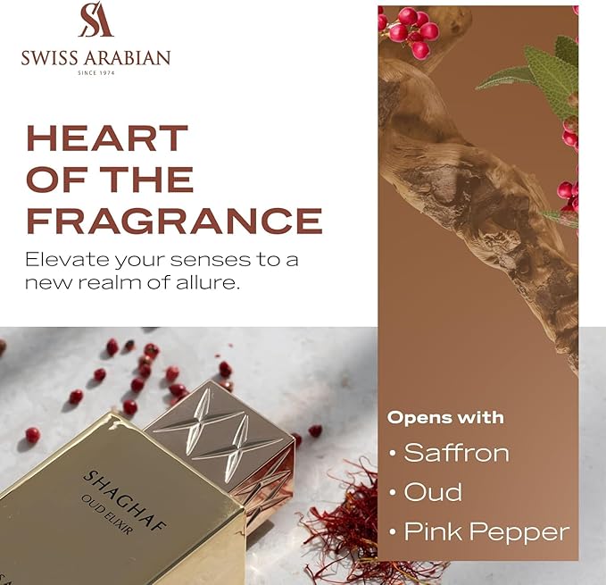 Swiss Arabian Shaghaf Oud Elixir Oud, Gourmand, Amber Fragrance - Notes of Saffron - Perfume for Women and Men - 2.5 oz EDP Spray
