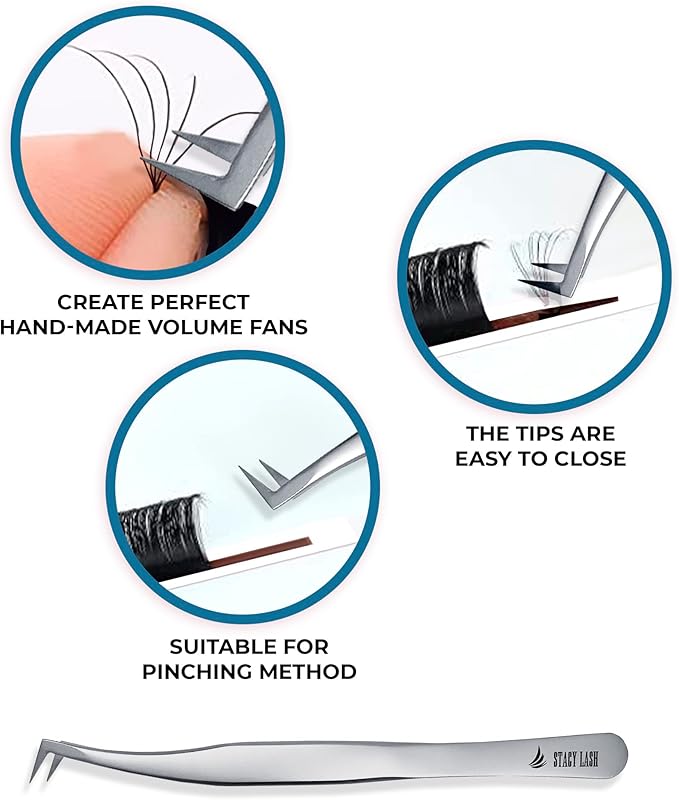 Stacy Lash STL-6 Eyelash Extension Tweezers/Precision Tool for False Lashes Application & Premade Fans/Supplies for Volume Extensions/Curved Tweezer Tip/Beauty Accessories/Eyelashes Tools