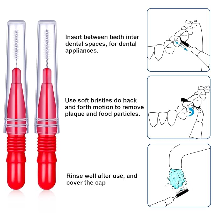 BBTO 100 Pcs Braces Dental Brush Flosser for Cleaner Interdental Brush Toothpick Tooth Flossing Head Oral Dental Toothpick Cleaners Cleaning Tool(Red)