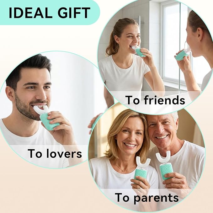 Adult Sonic Automatic Electric Toothbrush, 360° Oral Cleaning Stain Whitening, IPX7 Waterproof Rechargeable, u-Shape Brush Head*3+Straight Handle Brush Head*2 (Green)