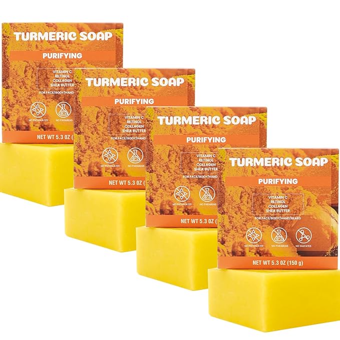 Rinse & Robust Turmeric Soap for Face & Body, Natural Handmade Bar Soap with Organic Turmeric, Shea Butter & Vitamin C, Gentle for All Skin Types Deep Cleansing Soaps for Men & Women 5.3 oz of 4 Bars