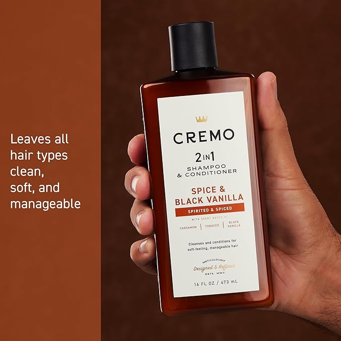 Cremo Spice & Black Vanilla 2-in-1 Shampoo & Conditioner, Barber Grade Quality That Moisturizes and Cleanses All Hair Types, 16 Fluid Ounce