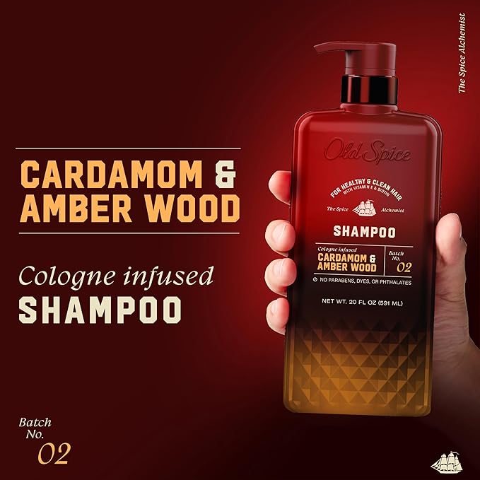 Old Spice Men's Shampoo, The Spice Alchemist Collection, Cologne-Infused Cardamom and Amber Wood Scent, Free of Parabens & Phthalates, 21.9 fl oz