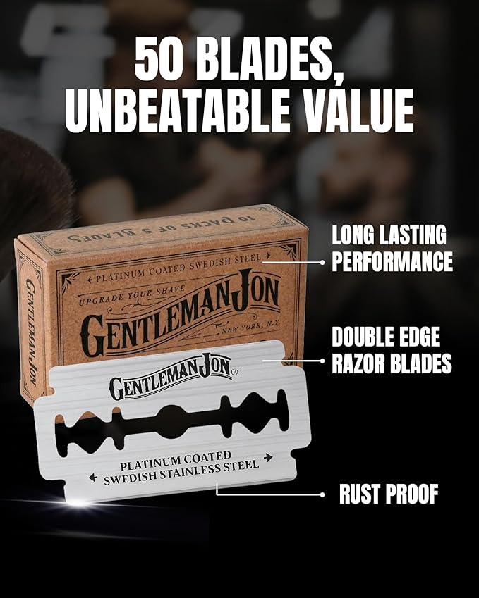 Gentleman Jon 50-Pack Platinum Double Edge Razor Blades - Premium Swedish Stainless Steel Safety Razor Blades - Platinum Coated Blade For Smooth and Comfortable Shaves - Fits Most Men's Safety Razors