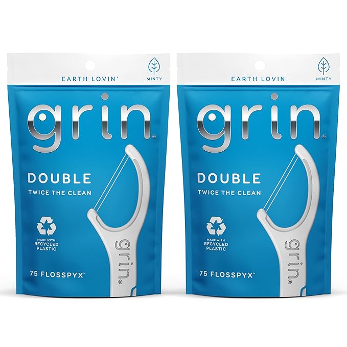 Grin Dental Floss, Minty, 75 Count, Floss Picks | Double Floss Lines | Recycled Plastic | Longer Floss Head | Fold-Back Tooth Pick