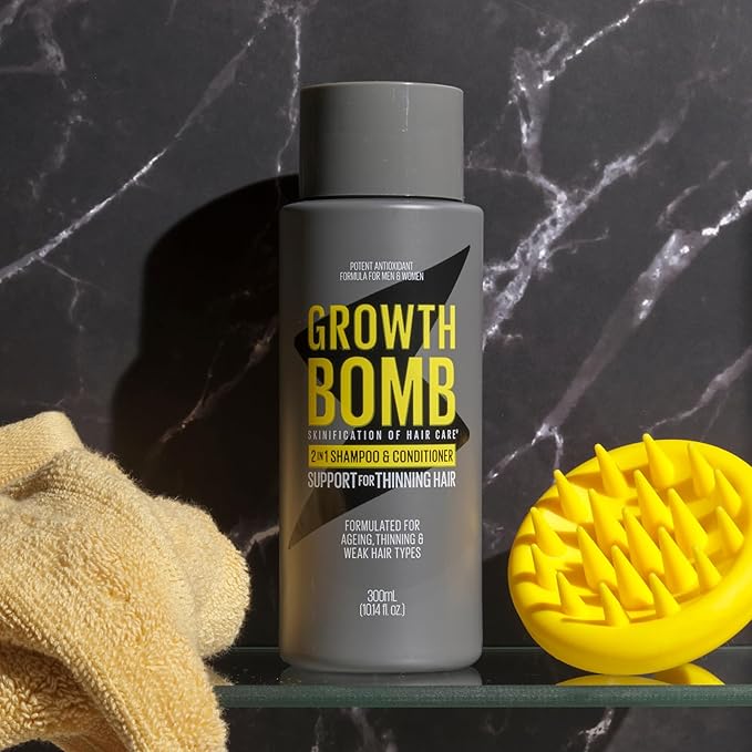 Growth Bomb 2 in 1 Shampoo and Conditioner - Natural 2 in 1 Shampoo and Conditioner for Men & Women, Use on Mens Thin Hair, Support for Thick, Full Hair, Caffeine from Yerba Mate - 300 mL