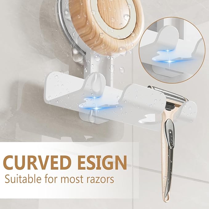 Razor Holder for Shower, Suction Cup Shaver Holder for Wall, Removable&Reusable Suction Cup Hooks for Bathroom, Damage-Free Suction Shower Hooks, Wall Mounted Razor Stand, White