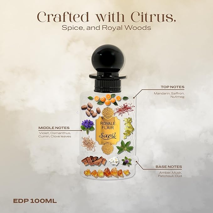 Sapil Royale Flair Eau de Parfum – Long Lasting Unisex Spicy Oud Perfume | Saffron, Amber & Oud Notes | Bold Luxurious Signature Fragrance | 3.4 oz / 100ml