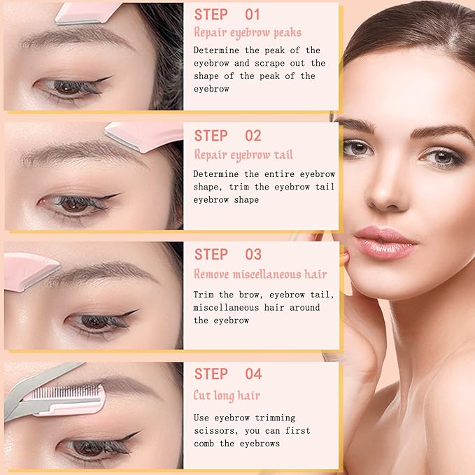 ONEUPIN 6PCS Curved Eyebrow Trimmer Set Stainless Steel Razor Scissors With Comb, Beauty Tool for Beginners, Suitable for Any Skin Type, Hair Removal Accessories for Men Women