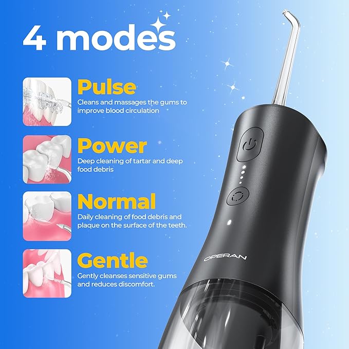 Operan 300ml Cordless Water Dental Flosser, Portable Water Flossers for Teeth, 4 Pulse Modes IPX7 Waterproof Oral Irrigator with 4 Tips, 21 Days Runtime for Travel, Home, Braces, Gum Care, Black+1Pack