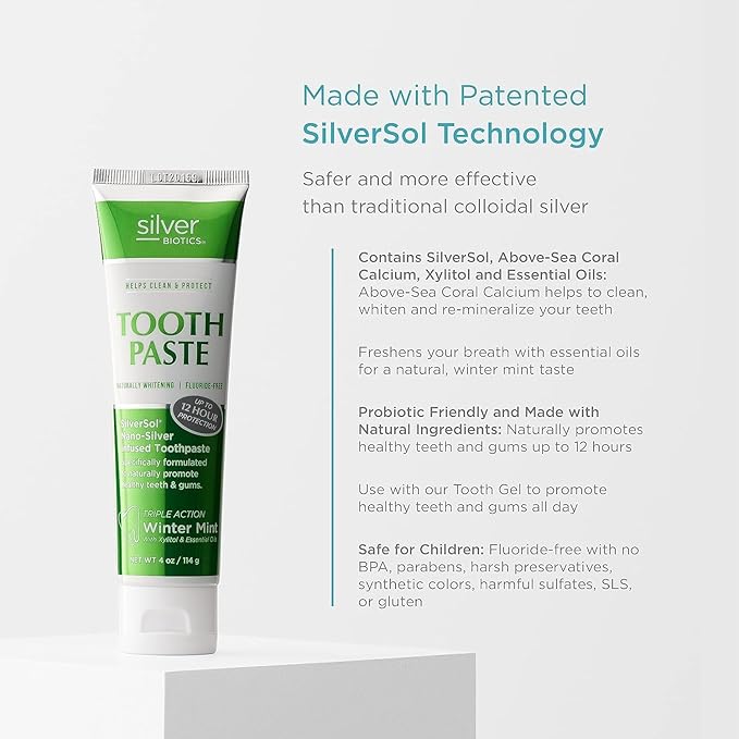 Silver Biotics Tooth Paste | SilverSol Ag₄O₄ 20 ppm Nano-Silver Infused + Above-Sea Coral Calcium | Naturally Whitening | Flouride-Free | Winter Mint | 4 oz