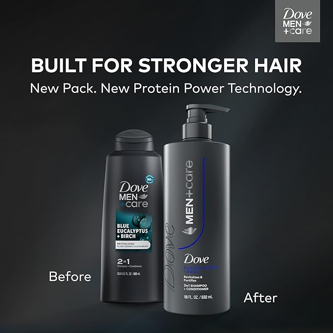 DOVE MEN + CARE Shampoo Eucalyptus & Birch 1 ct for Real Hair that Powers Up Hair Strength, with Revitalizes & Fortifies, 18 fl oz