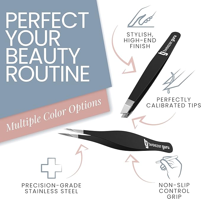 Tweezer Guru Ingrown Hair Tweezers - Pointed Precision Tweezers for Eyebrows & Ingrown Hair Removal - Blackhead and Splinter Tweezer with Sharp Needle Nose Point (2 Piece Set, Black (Point+Slant))