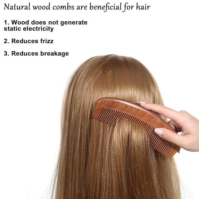 Wooden Comb for Women, 2 Pieces Wooden Hair Combs Natural Sandalwood Fine Tooth Beard Comb Anti-Static Wide Tooth Detangling Combs for Women Men Curly Straight Hair