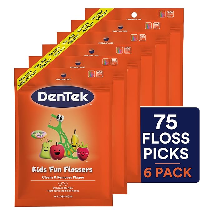 DenTek Fun Flossers – Kids Floss Picks with Wild Fruit Flavor, 75 Count, Pack of 6