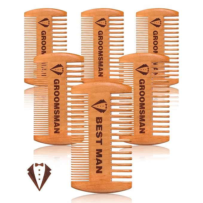 6 Pcs Groomsmen Gifts Wooden Beard Comb for Men Including 1 Best Man and Set of 5 Groomsman Comb Grooming Detangling Tool for Hair & Mustache Wedding Best Man Party Favor Gift