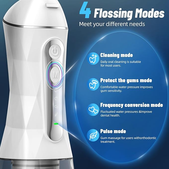 Water Dental Flosser Pick for Teeth Portable Oral Irrigator Rechargeable Travel Irrigation Cleaner 320ML Electric Flossing, IPX8 Waterproof, Waterproof Flossing Cleaning Picks for Home Travel (White)