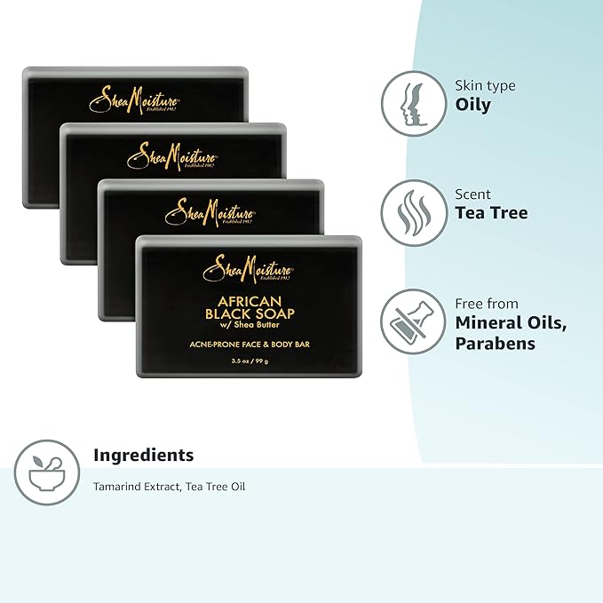SheaMoisture Face and Body Bar for Oily, Blemish-Prone Skin African Black Soap Paraben Free 3.5 oz 4 Count, facial cleanser