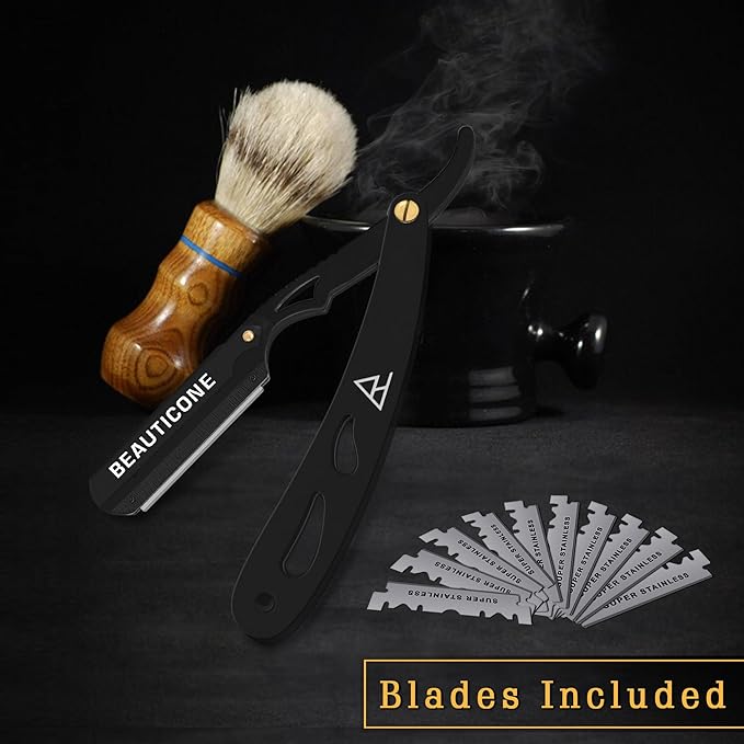 BEAUTICONE Straight Razors for Men, Straight Edge Razor, 100 SingleEdge Blades, Stainless Steel, Barber Razor for Men's Shaving, Barber Shaving Knife, Swinglock