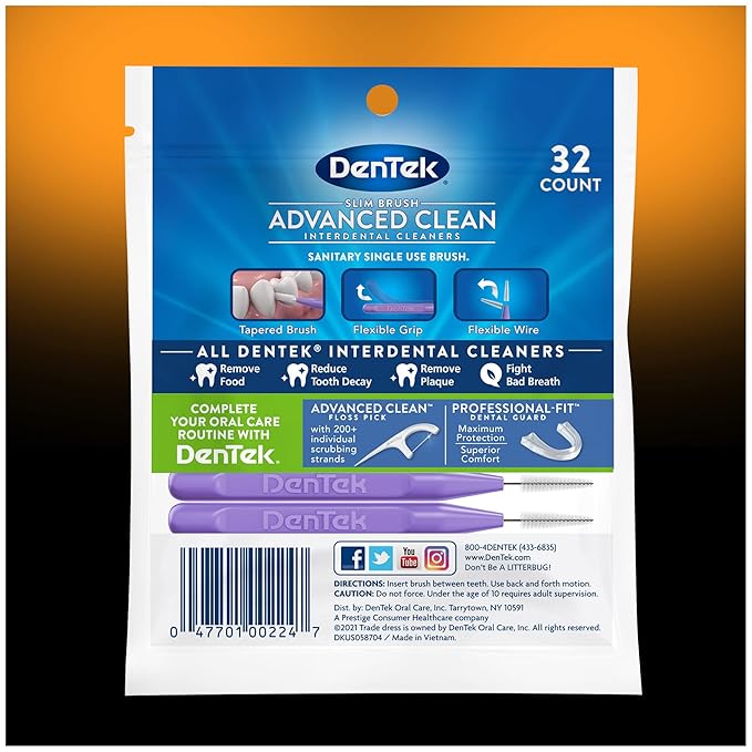 DenTek Slim Brush Advanced Clean,Interdental Brushes for Cleaning Between Tight Teeth,Safe for Braces & Dental Work,32 Count (Pack of 2)