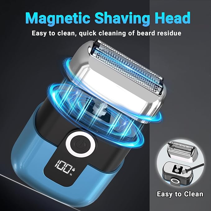 Electric Foil Shavers for Men: Mini Electric Razor, Foil Shaver for Face, IPX7 Waterproof Wet Dry Cordless Razor with 3 Floating Blades, LED Display for Travel & Home, USB Type C (Blue)
