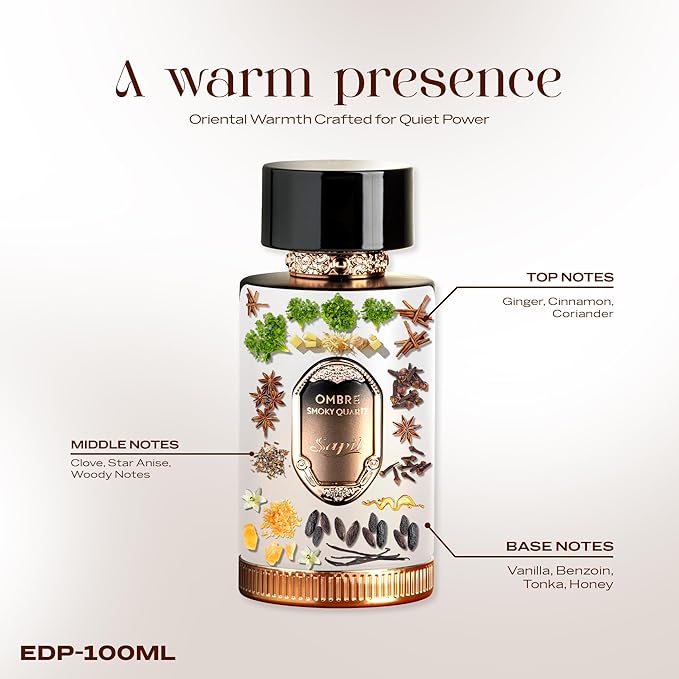Sapil Ombre Smoky Quartz Eau de Parfum – Long Lasting Unisex Spicy Woody Perfume | Ginger, Cinnamon & Vanilla Notes | Warm Smoky Signature Fragrance | 3.4 oz / 100ml