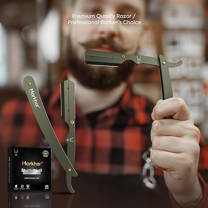 Markhor® Straight Razors for Men with 100 Single Edge Razor Blades | Barber Straight Razor | Straight Edge Razor | Barber Razor Blade | Navajas Para Barbero (Camo Green)