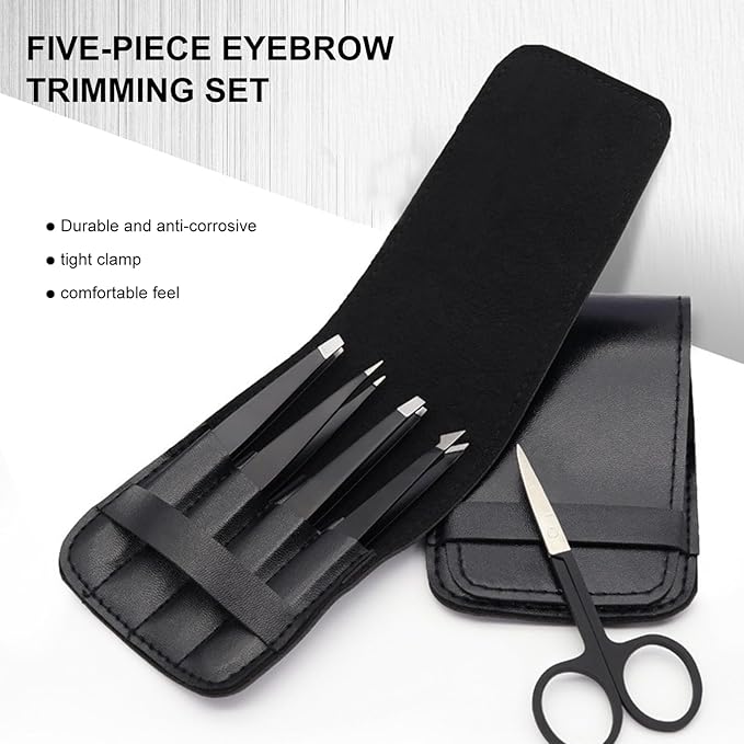 SetSail 5-Piece Premium Set Matte Black Stainless Steel Eyebrow Tweezers Kit with 4 Precision Tips (Slant/Pointed/Flat/Rounded) & Sharp Grooming Scissors for Facial Hair Removal & Splinter Extraction